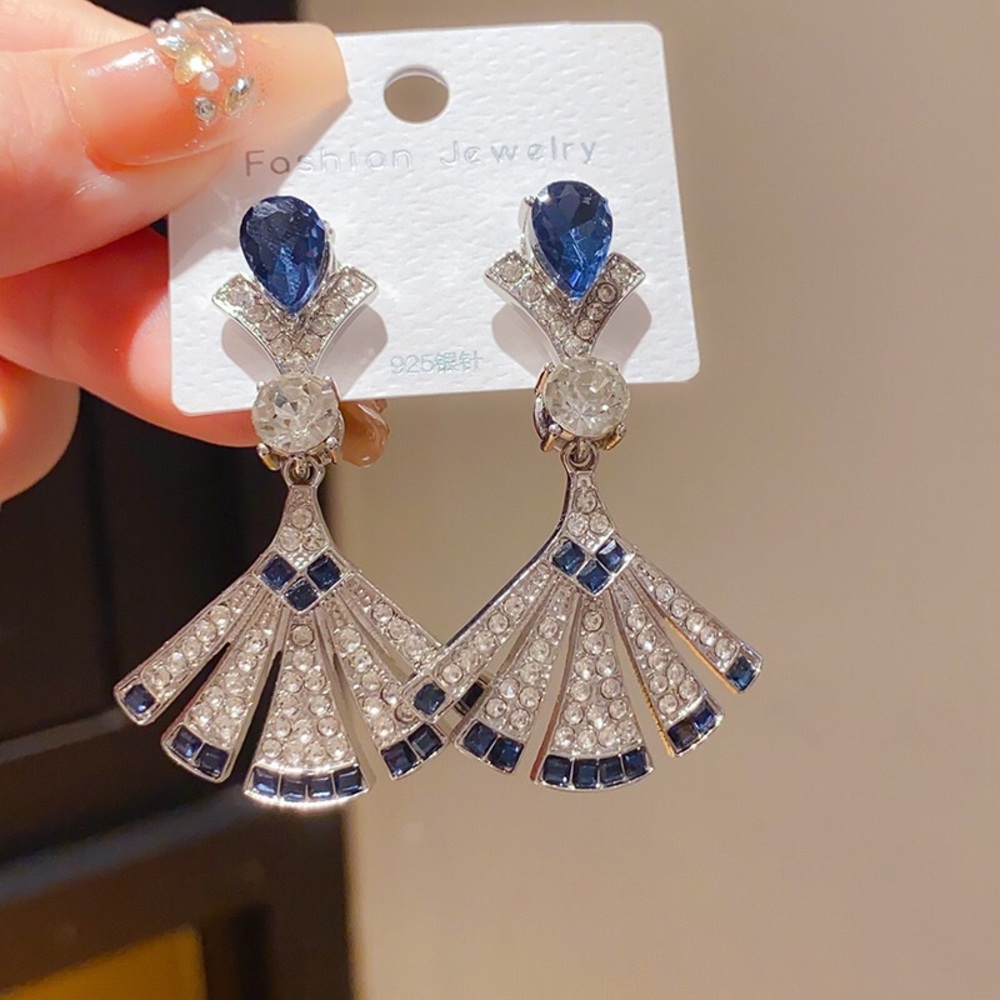 Elegant Silver-Tone Blue Crystal Fan Drop Earrings